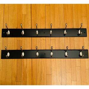 Wall Mount Oval Black Pine Wood Satin Nickel Hook Coat & Hat Rack 12 hooks Set 2